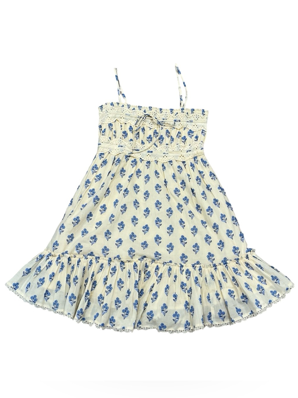 Patrons of Peace Cream Blue Floral Cotton Mini Dress XS Cottagecore Boho Prairie - Picture 4 of 11